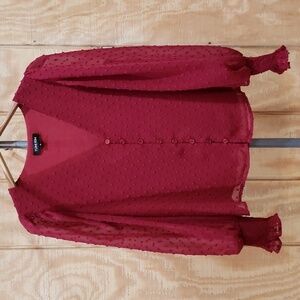 Yumi Kim Red Smocked Balloon Sleeve Button Front Blouse…